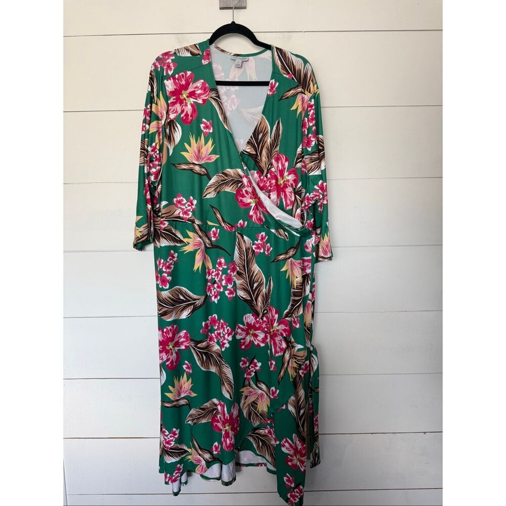 Catherine’s Women’s 3X Green Pink Floral Faux Wrap Plus Size Dress